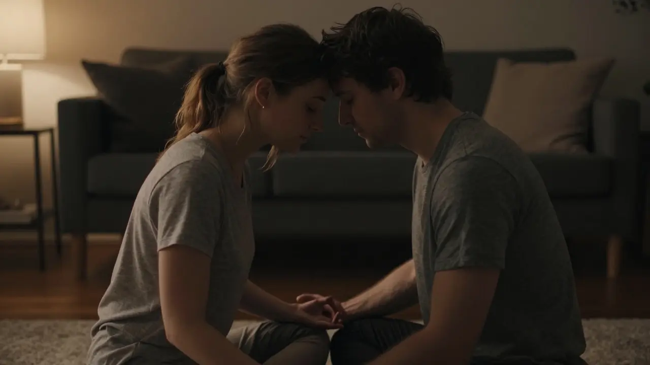 Dvojice v meditativním posezení s jemným dotykem čelí v hlubokém klidu a propojení.