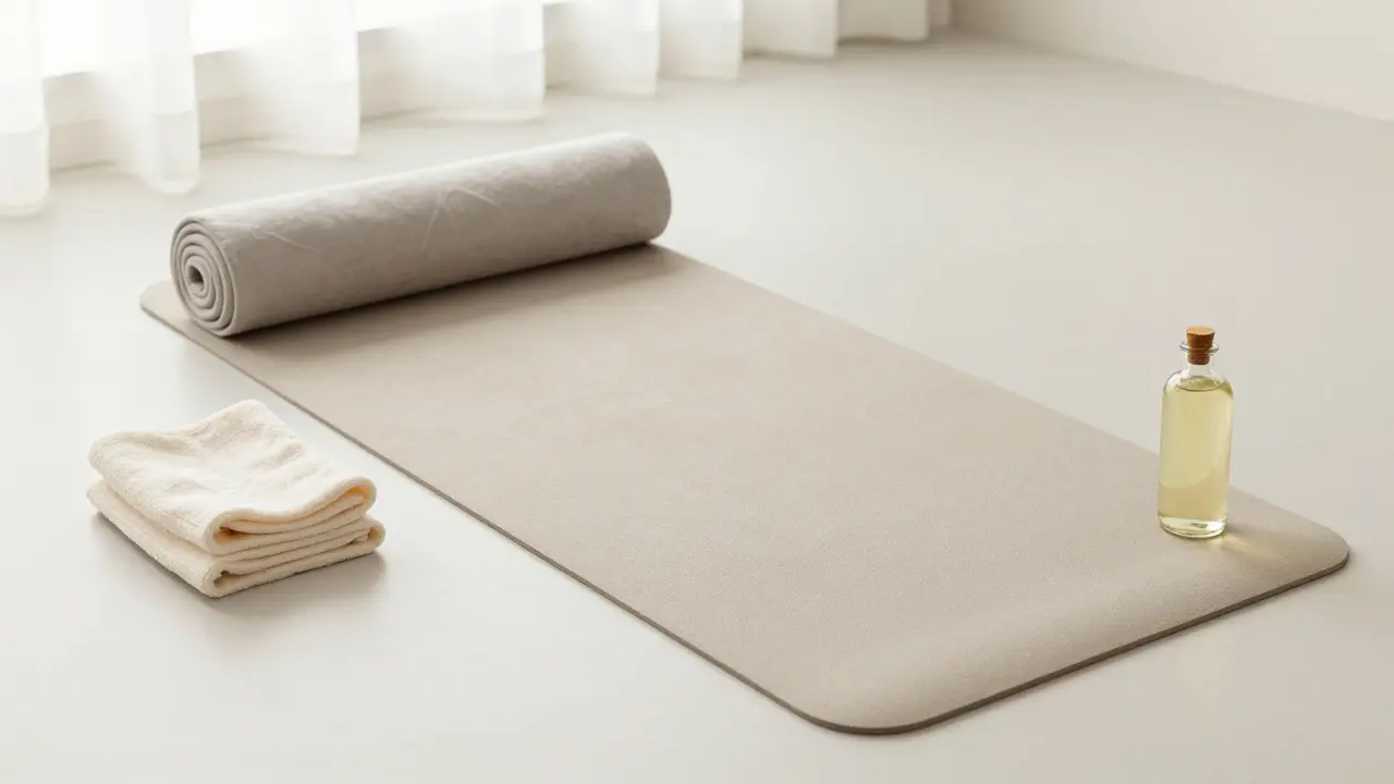 Jógová podložka s čistými ručníky a lahvičkou přírodního oleje v minimalistickém prostoru.