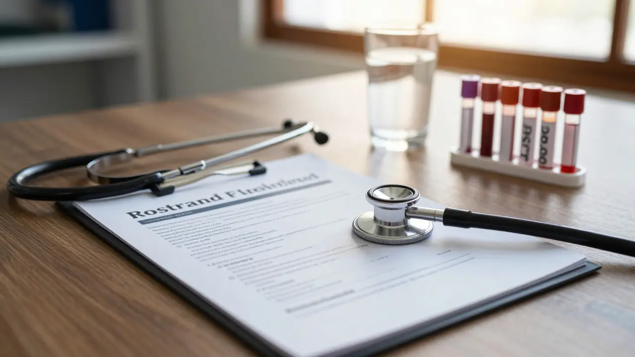 Kancelář urologa s lékařskými nástroji a zkumavkami na krevní rozbor PSA.