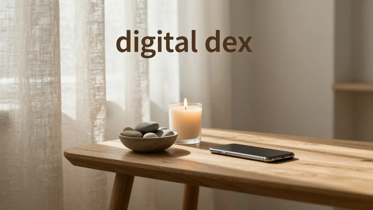 Klíč a svíce v minimalistickém prostoru symbolizující digitální detox a klid