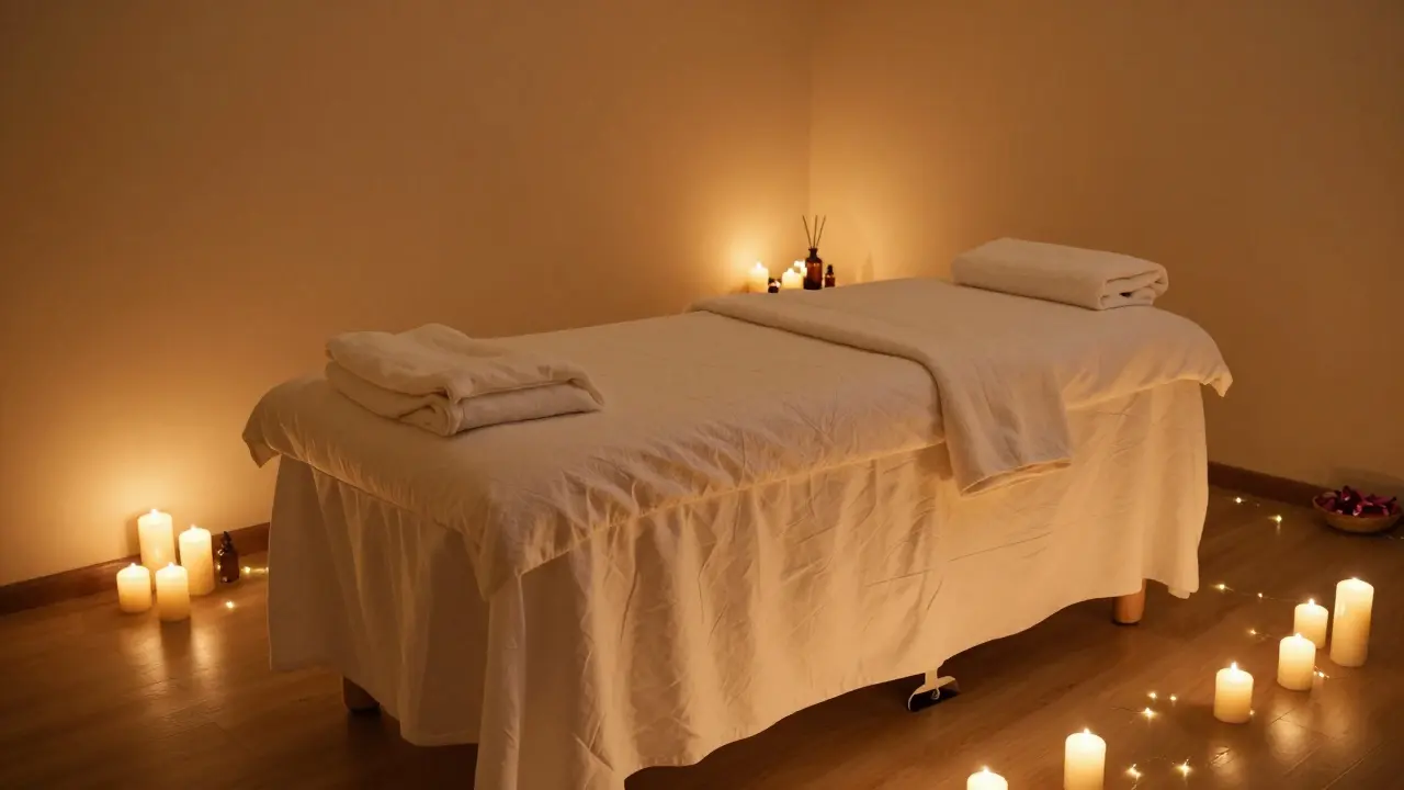 Klidný a bezpečný prostor pro tantrickou masáž s dopalujícími svíčkami.