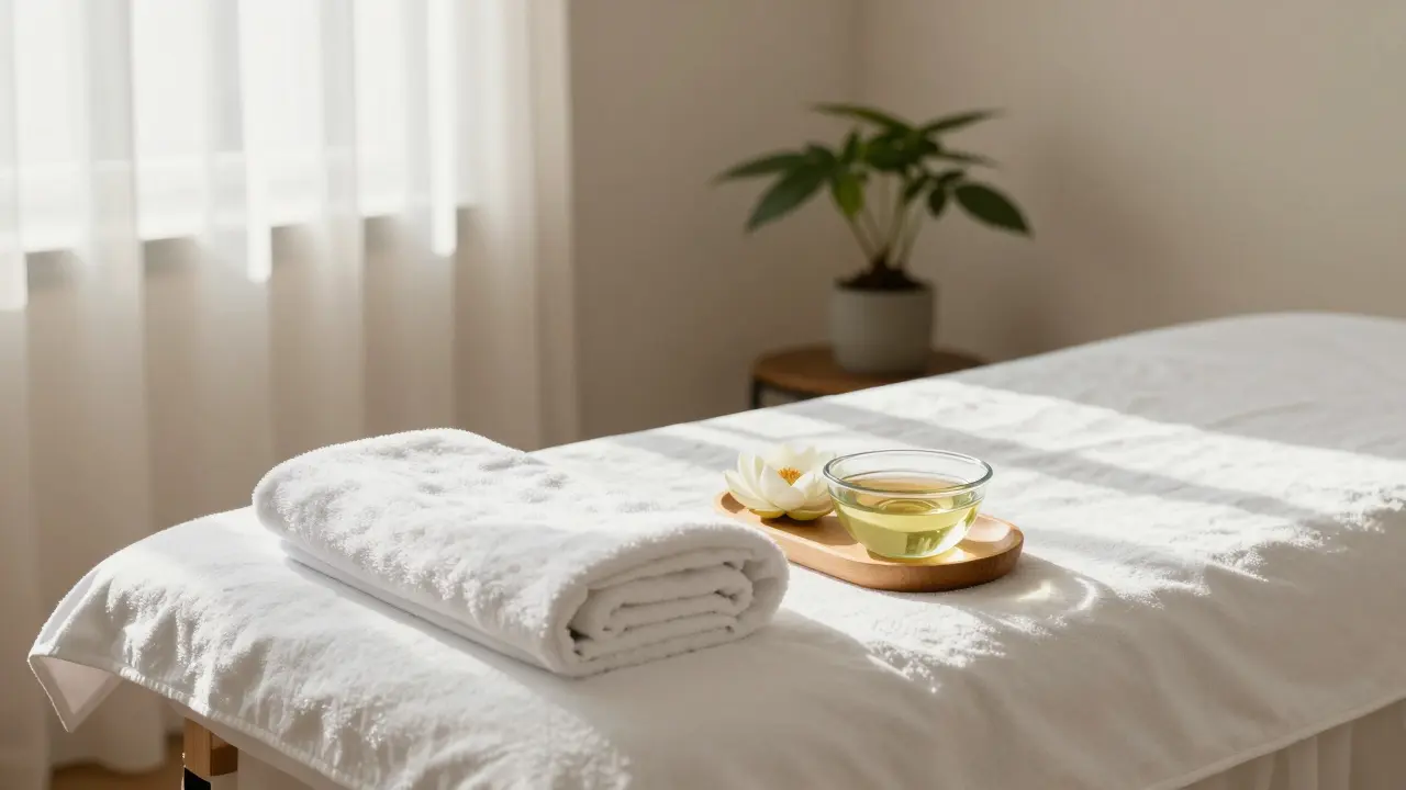 Klidný interiér profesionálního studia pro somatickou masáž s přírodním světlem.