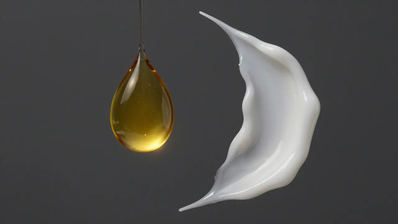 Konceptuální detail zlaté kapky arganového oleje a bílého kokosového oleje na tmavém pozadí.