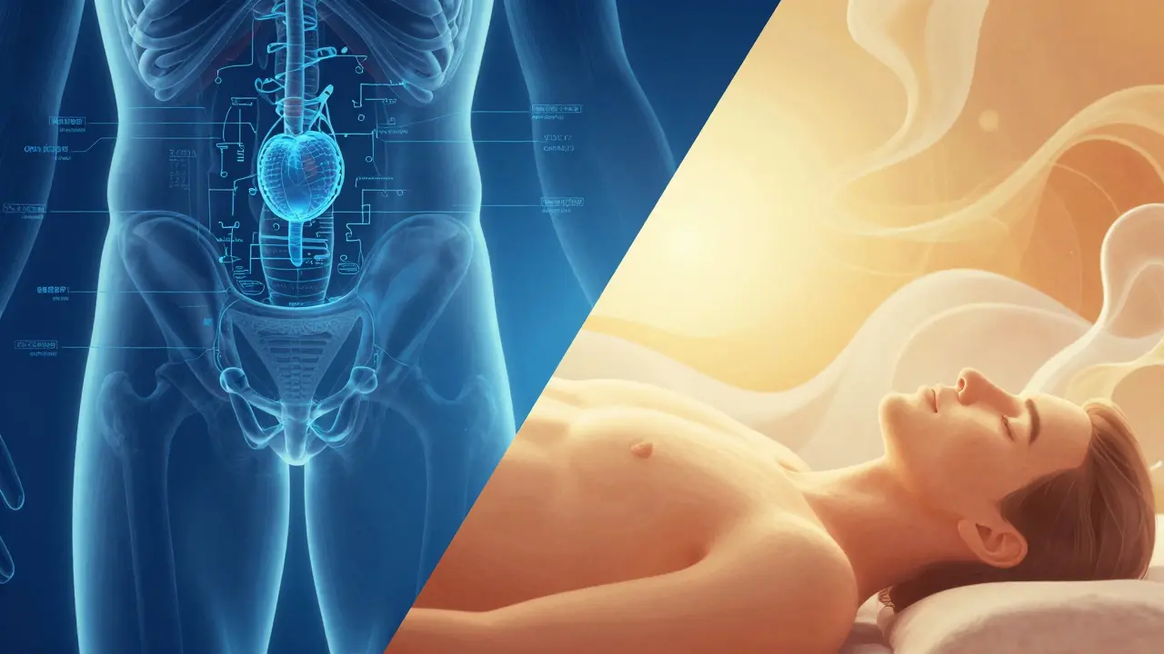 Konceptuální obraz rozdělený na lékařskou diagnostiku prostaty a wellness relaxaci.