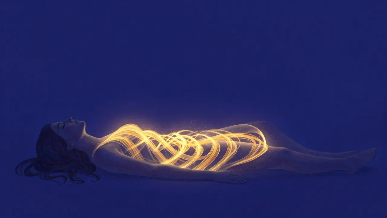 Konceptuální zobrazení zlaté energie proudící tělem ženy během léčení.