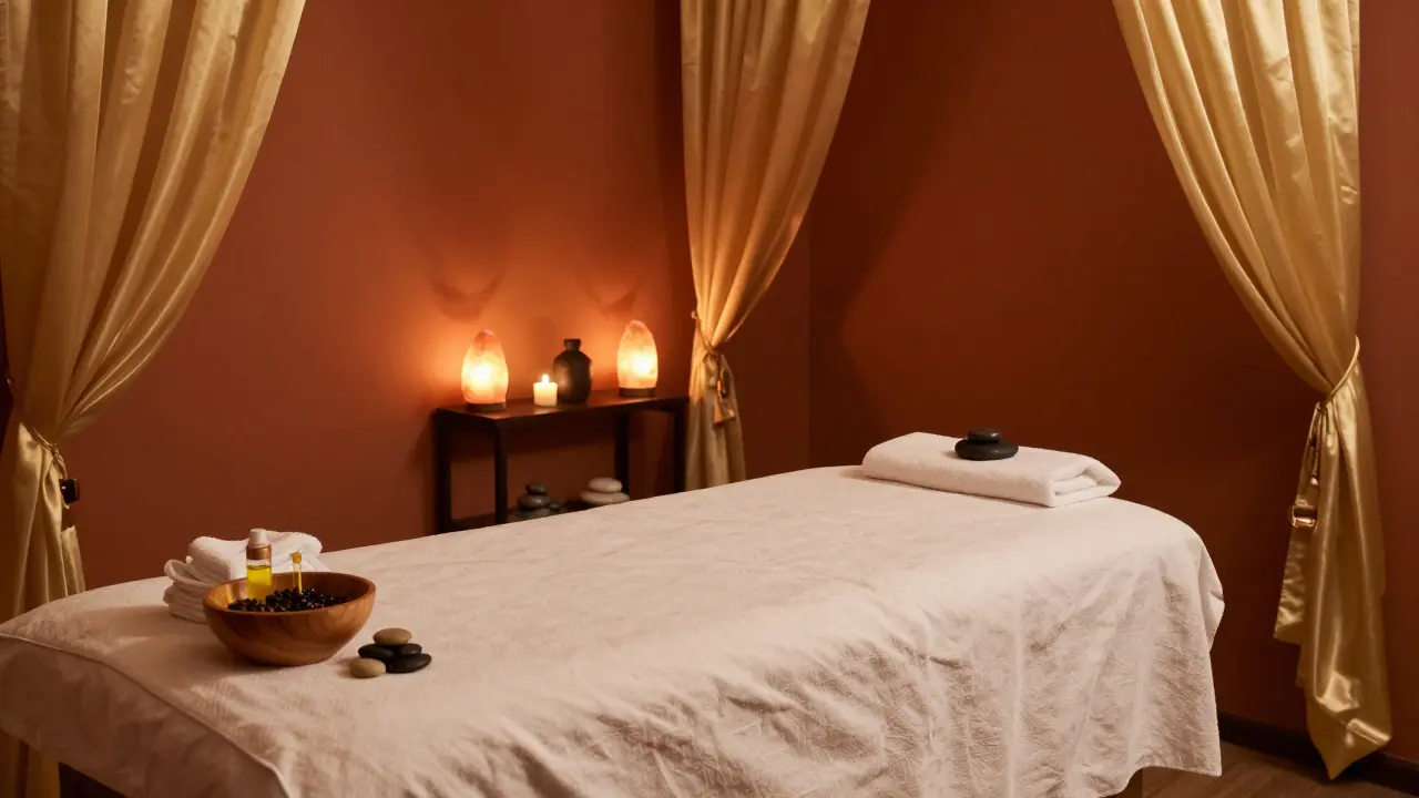 Luxusní, tlumeně osvětlený interiér tantrického masážního studia s aromatickými oleji.