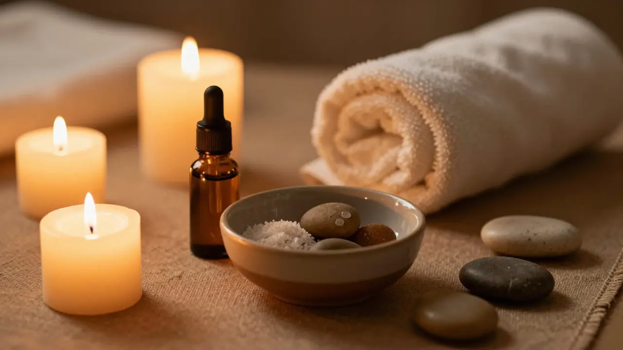 Relaxační prostředí s zapálenými svíčkami, miskou s masážním olejem a bílým ručníkem.