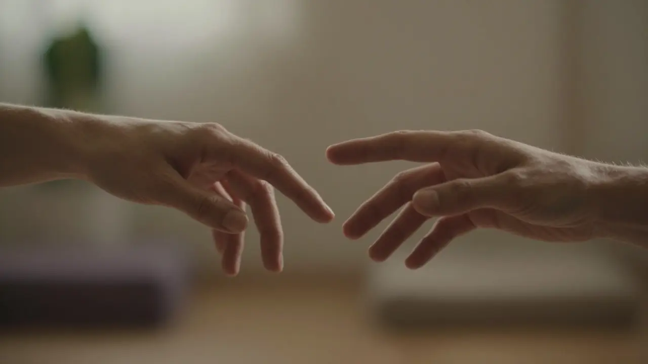 Umělecký detail dvou rukou v momentě jemného přiblížení během meditační praxe.