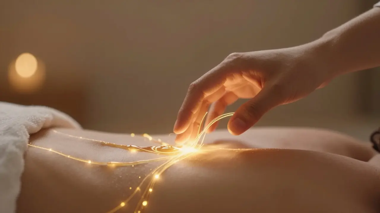 Zlatá energetická proudění mezi rukou a kůží symbolizující probuzení smyslů