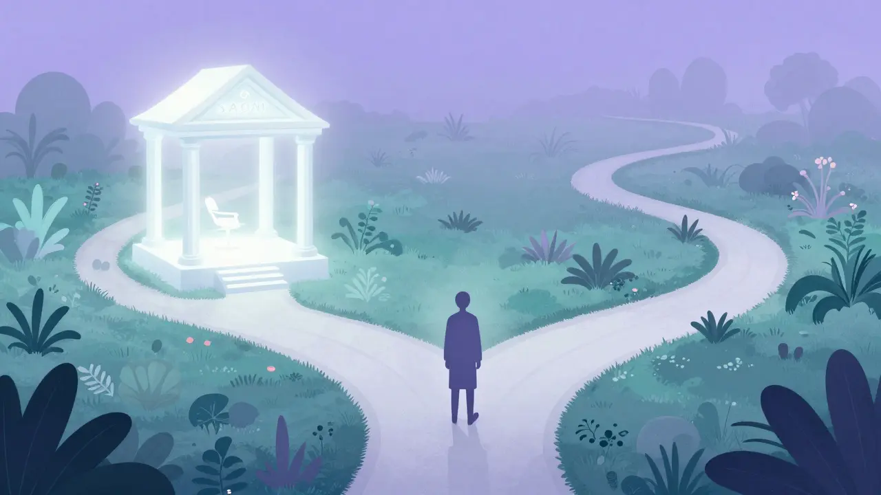 Abstraktní ilustrace rozhodování mezi strukturou salónu a flexibilitou privátního maséra.