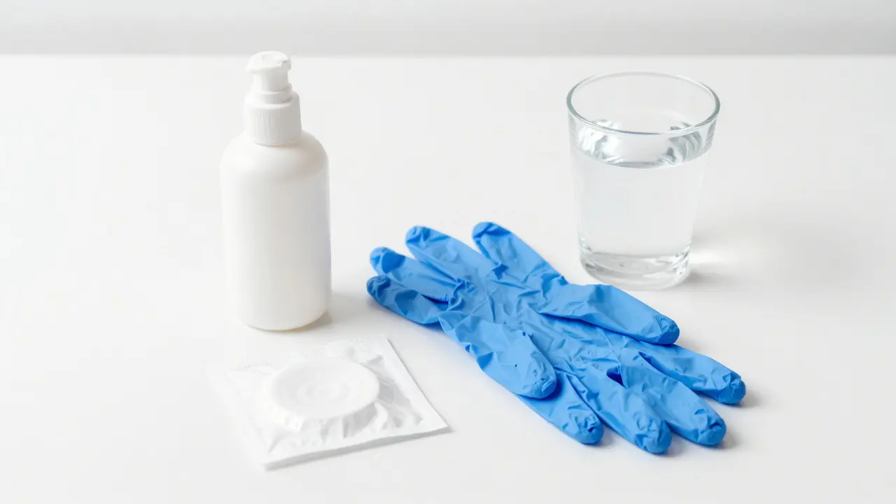 Hygienické pomůcky: lubrikant, rukavice a voda