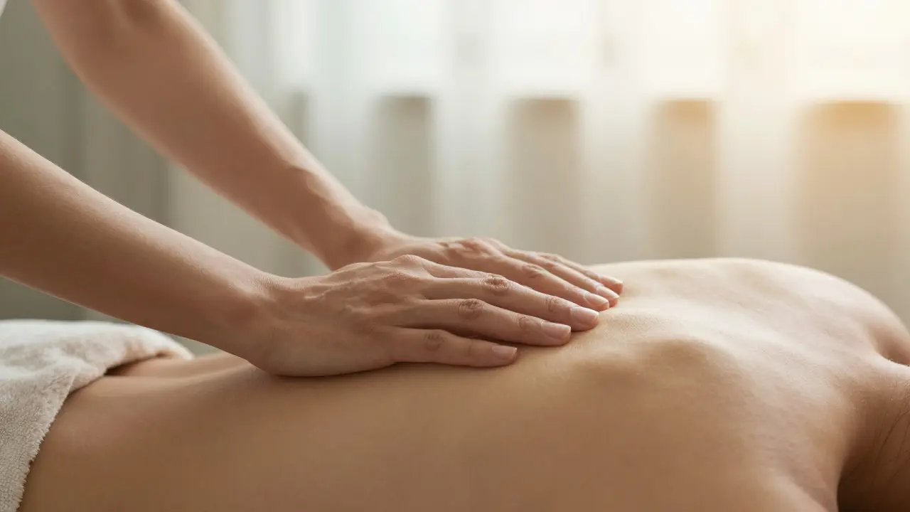 Jemný terapeutický dotyk rukou na rameni v klidném, meditativním prostředí s měkkým světlem.
