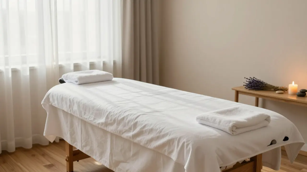 Klidná terapeutická místnost s masážním stolem a jemným světlem