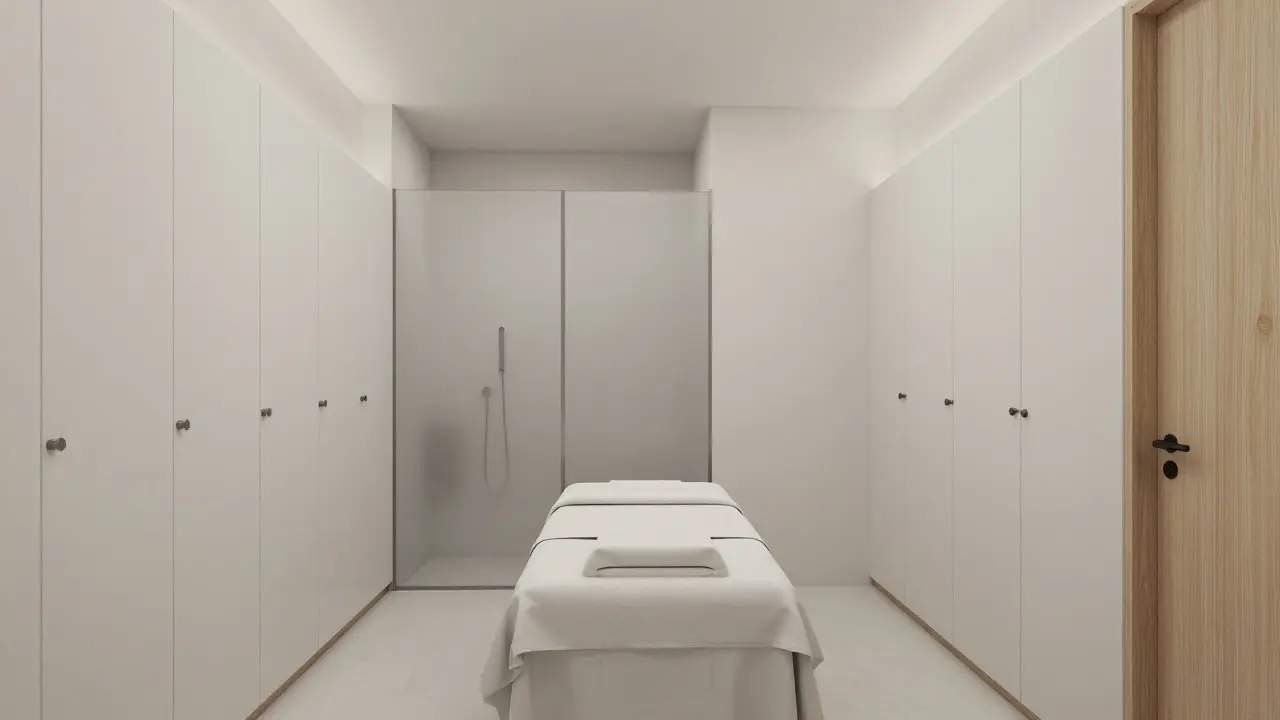 Minimalistická a hygienicky čistá masážní místnost s uzavřenými skřínkami.