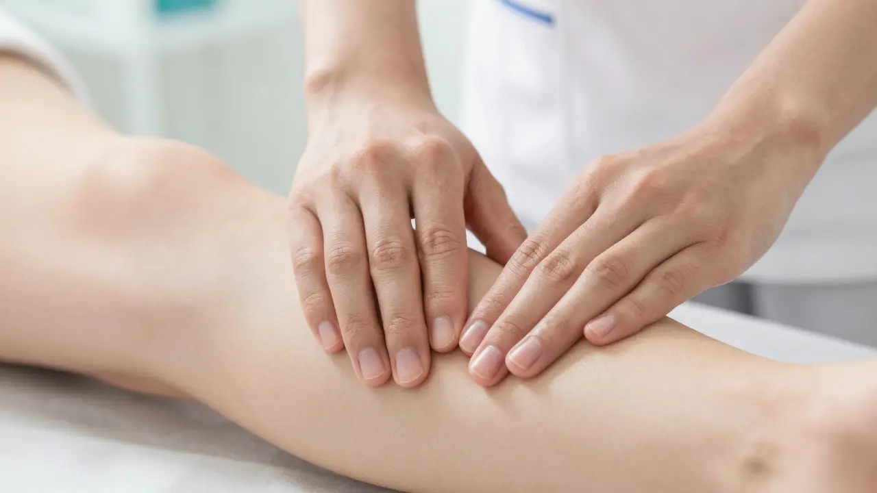 Jemné ruce terapeuta provádějící precizní lymfatickou masáž