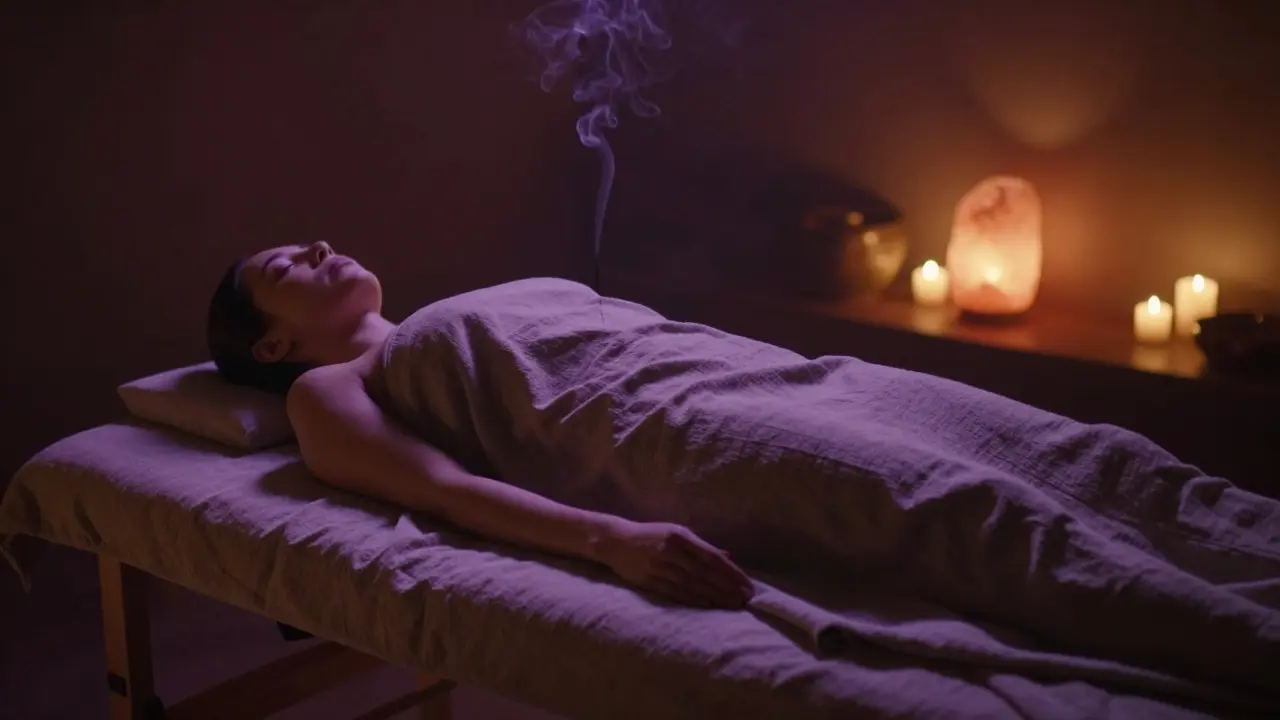 Klidná atmosféra tantrické masáže s teplým světlem a relaxací
