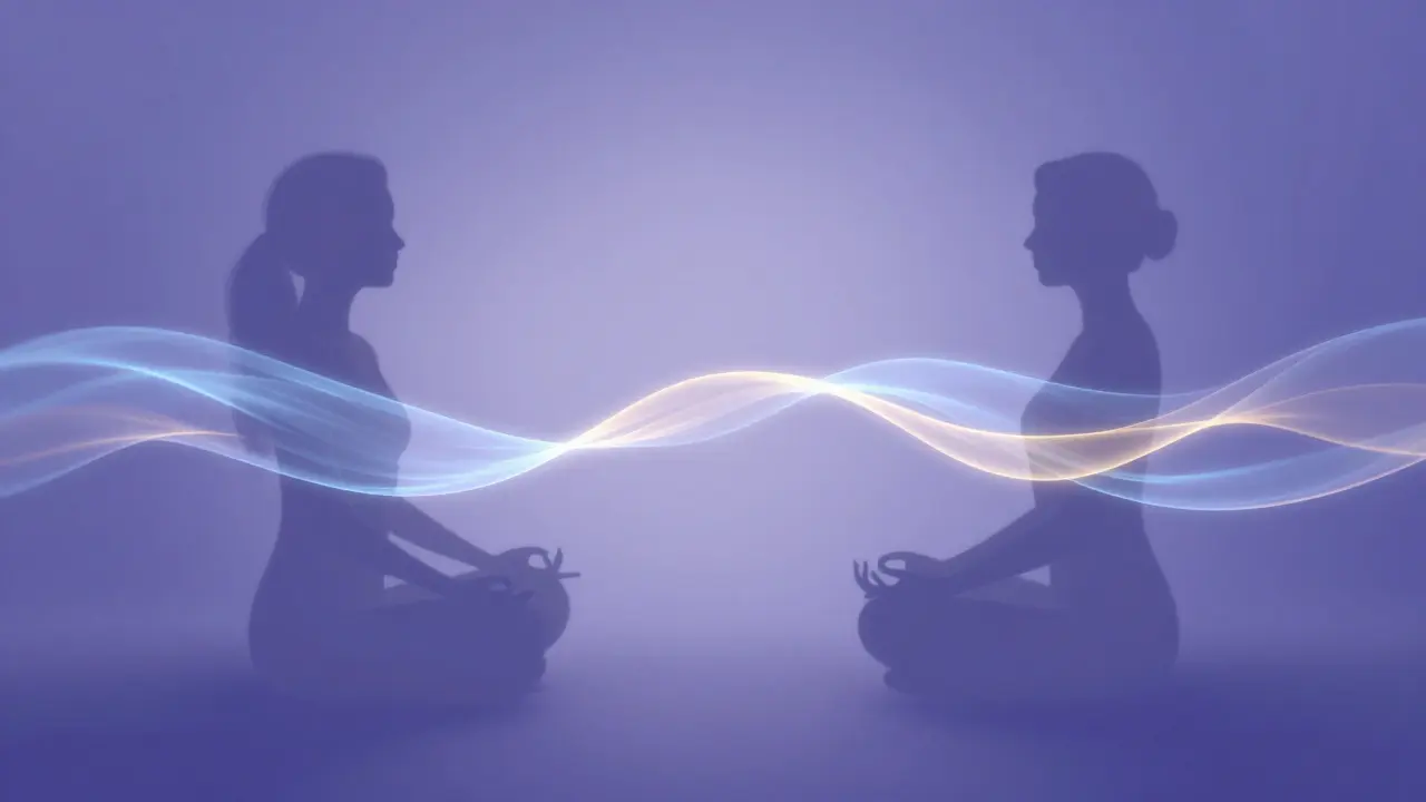 Abstraktní ilustrace dvou postav propojených světelnými pruhy symbolizujícími energii.