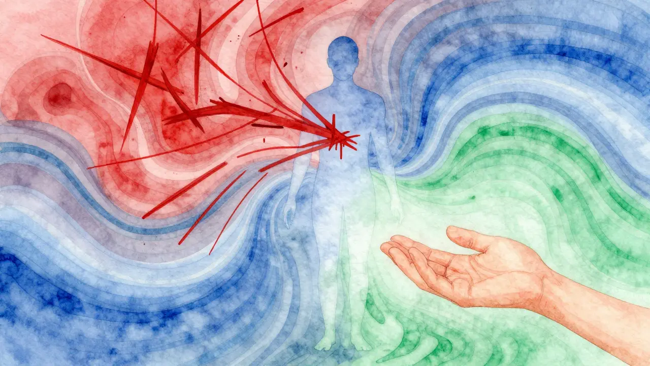 Abstraktní ilustrace přechodu od stresu k klidu pomocí barevných tvarů