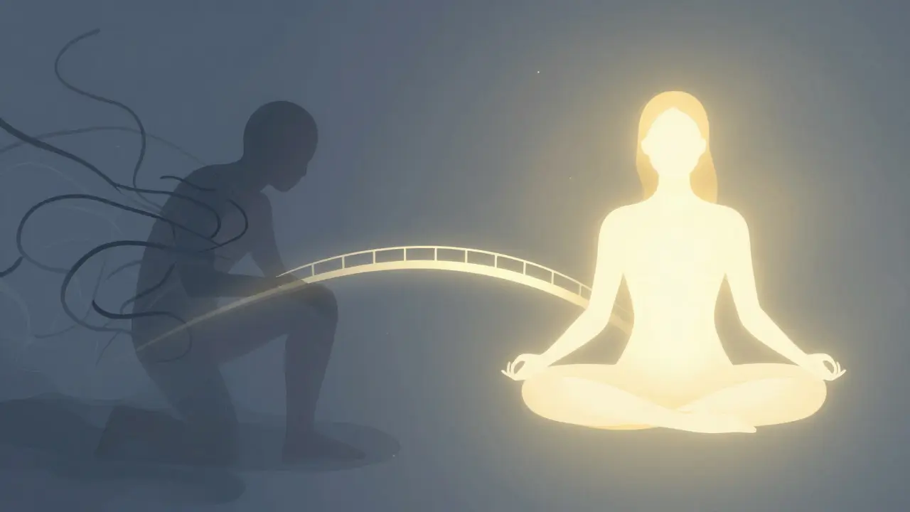 Abstraktní ilustrace spojující stigmatizaci s terapeutickým uzdravením