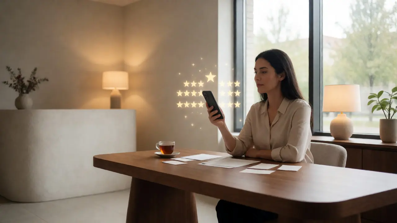 Majitelka salonu analyzuje hodnocení klientů na telefonu