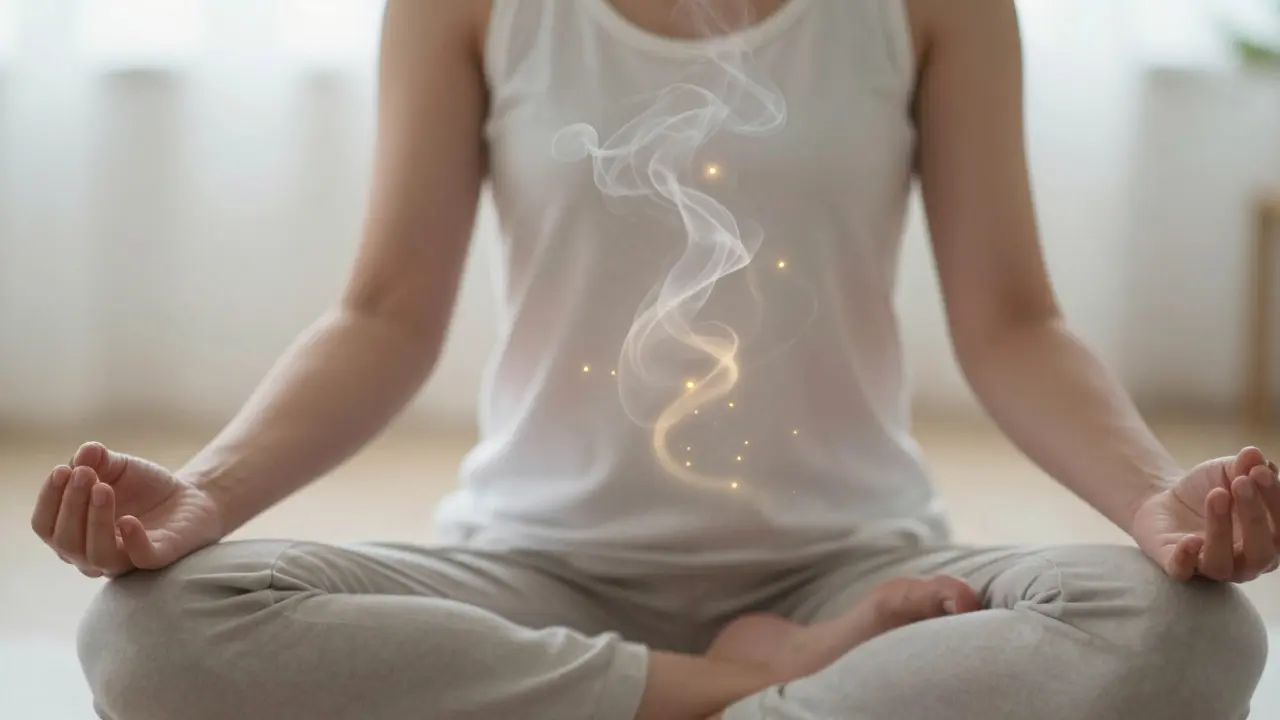 Záběr na ruce v meditaci s vizualizací dechu
