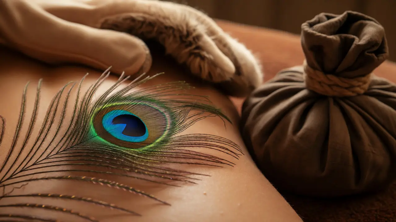 Close-up of a peacock feather and fur glove resting near a peat pack on a massage table.