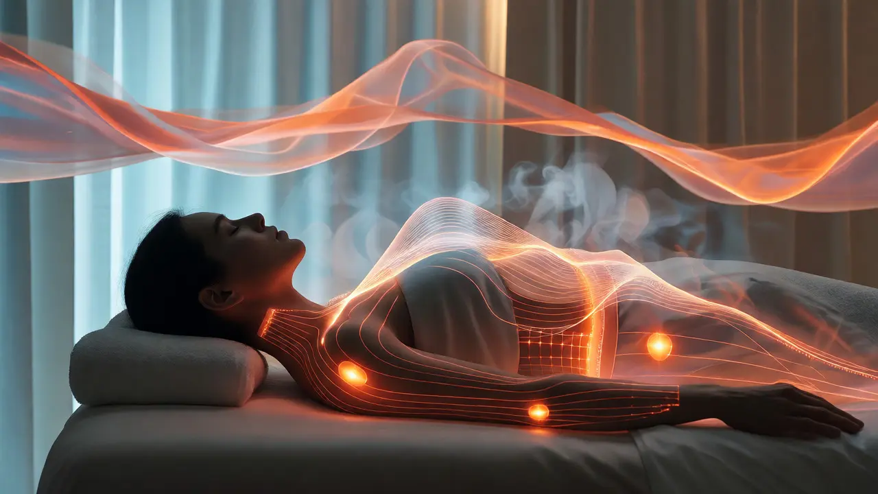 Conceptual visualization of smart textile sensors mapping body reactions during a tantric massage.