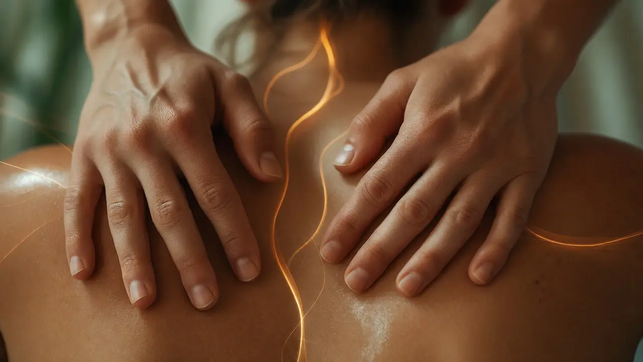 Detailní záběr na terapeutický dotek s vizualizací proudění energie podél páteře.