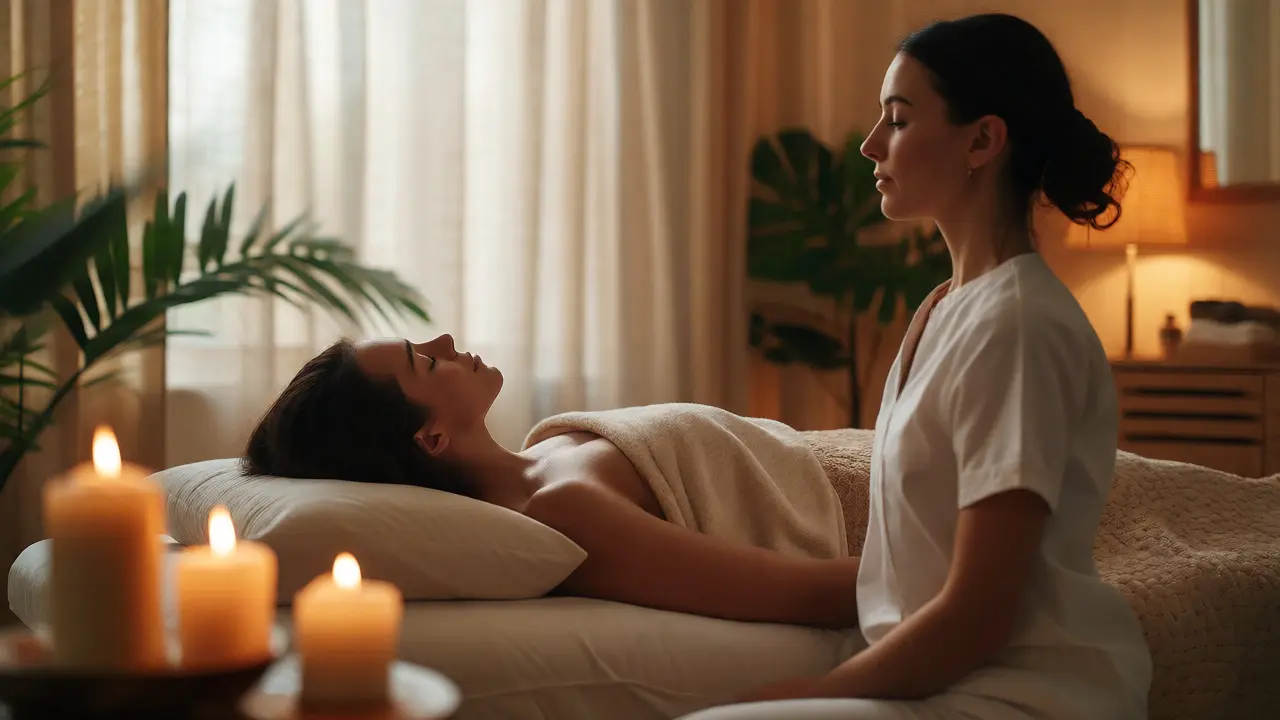 Klidná terapeutická místnost s klientkou a certifikovaným masérem