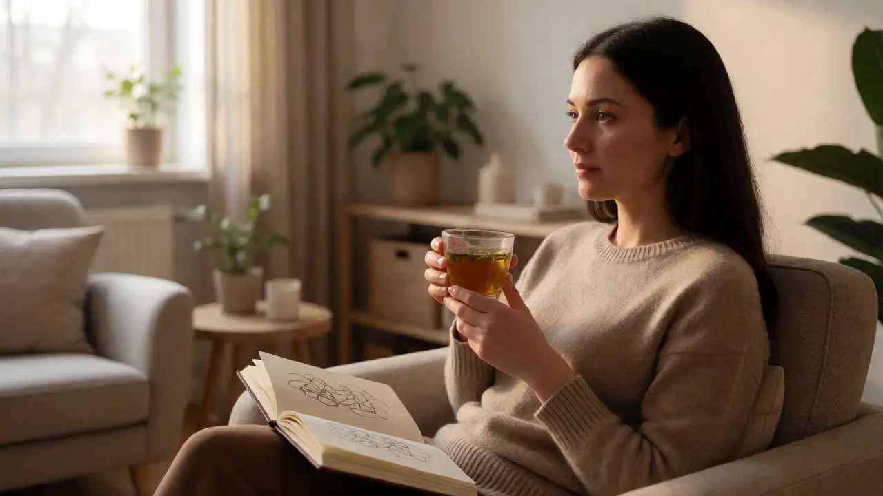 Žena s čajem a deníkem v klidné terapeutické místnosti