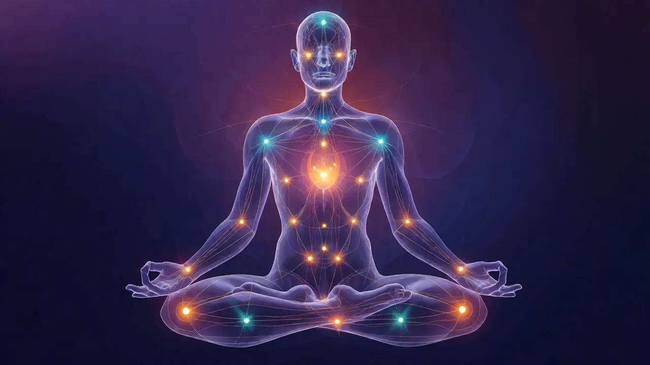 Eterická ilustrace lidského těla s zářícími marma body a energetickými drahami.