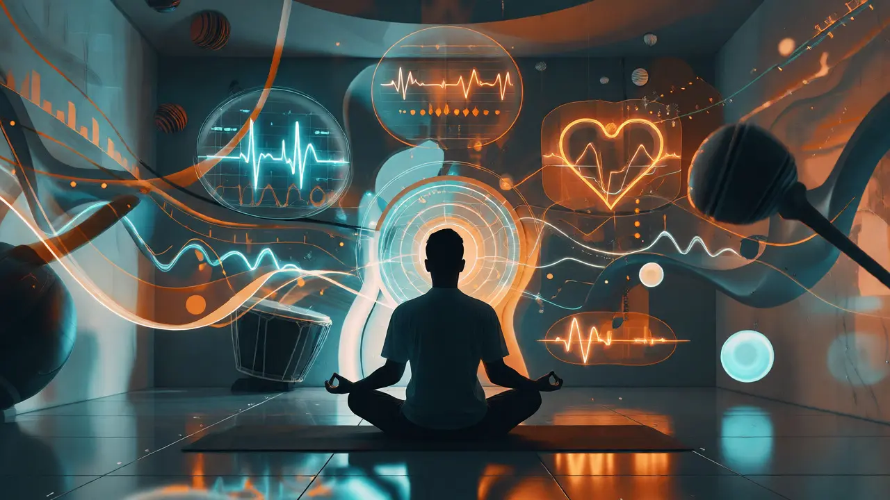 Silueta osoby v meditaci obklopená holografickými grafy srdečního tepu