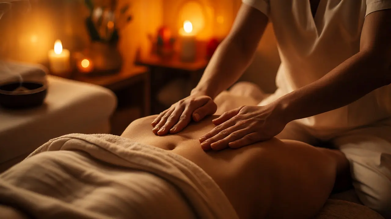 Terapeutické kruhivé pohyby na břiše při tantrické masáži ve svíčkách